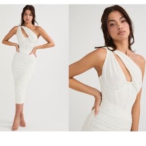 HOUSE OF CB   'Valentina' Ivory white Asymmetric Cutout Midi Dress NWOT Size S‎